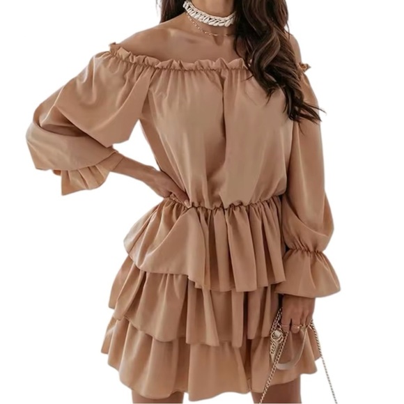 Khaki Tan Tiered Ruffle Off Shoulder Balloon Sleeves Dress - Picture 2 of 5